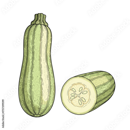 A light green striped vegetable with its top cut off showing the seeds inside.