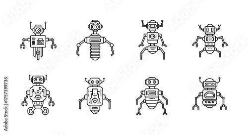 Collection of eight unique hand-drawn retro style robot characters in black and white outline vector