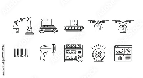 Modern industrial technology icons set robotic arm drone barcode scanner and warehouse automation elements vector