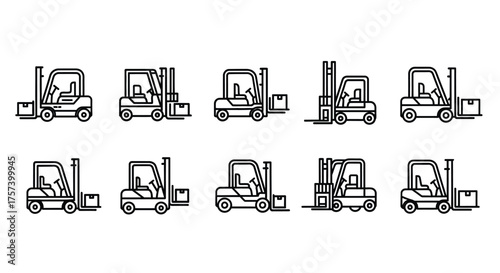Set of hand drawn forklift icons truck industrial vehicle collection simple outline style vector