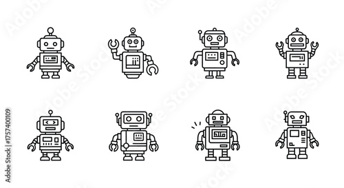 Set of eight retro style cartoon robots in black and white hand drawn sketch style vector