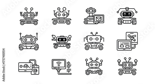 Collection of cute and friendly robots in various poses and activities for technology concepts vector