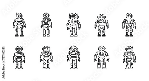 Collection of ten retro style robotic figures hand drawn line art figures computer game robot characters vector