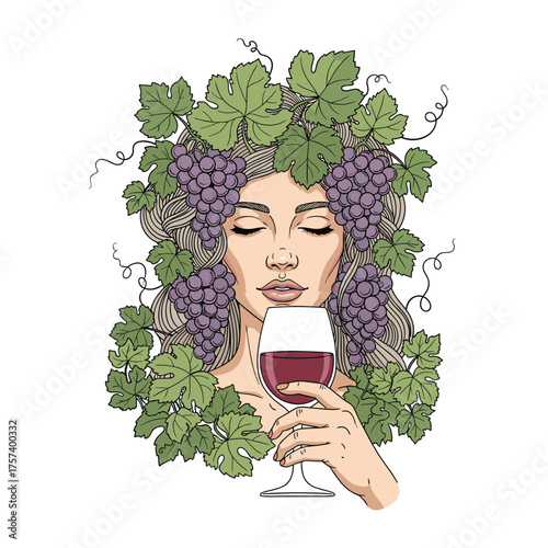 A woman with grapes in her hair holding a glass of wine.