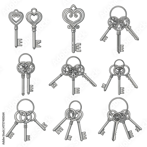 A collection of ornate antique keys with intricate designs and decorative bows is displayed.