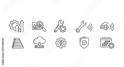 Set of line art icons representing business growth technology data analysis and security concepts vector