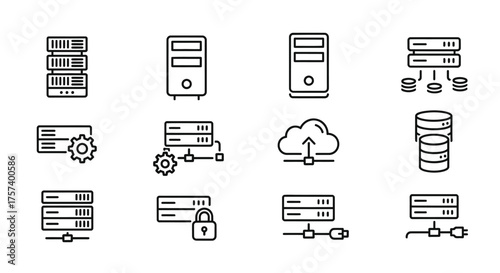 Set of server icons representing data storage cloud computing and security measures vector
