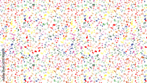 Vibrant explosion of colorful musical notes dancing across a clean white background creating a joyful, energetic, and playful artistic pattern for creative projects.