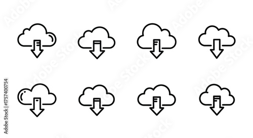 Set of cloud download icons with arrows symbolizing data transfer and cloud storage vector