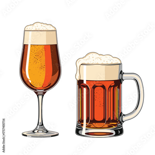 Two different glasses of amber ale with frothy heads.