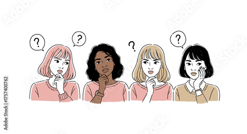Four diverse women pondering with question marks above their heads, expressing confusion, contemplation, and the search for answers in a modern artistic style.