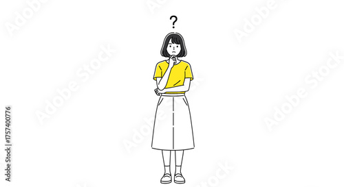 Young woman thoughtfully pondering with a question mark above her head, seeking answers or solutions in a clean, minimalist setting