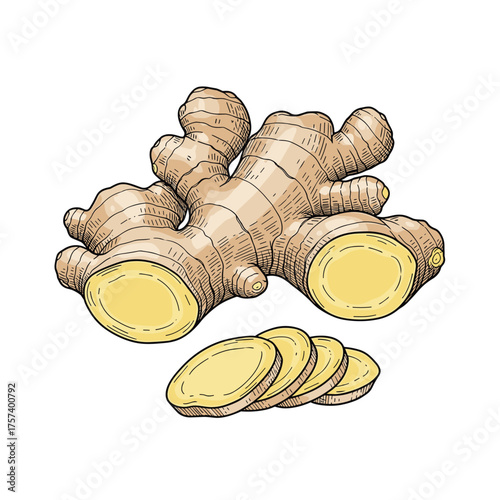 Aromatic ginger root and sliced pieces on a white background.
