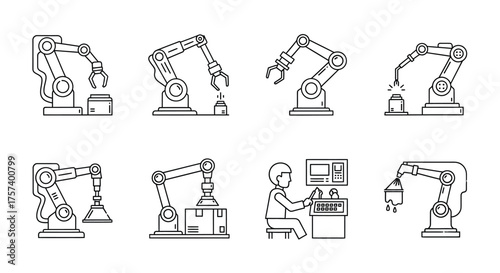 Robotic arms collection industrial automation technology line art set manufacturing engineering mechanical components vector
