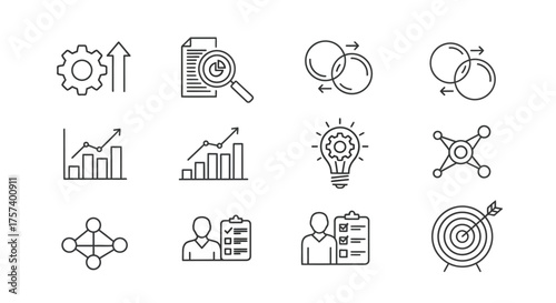 Set of business strategy icons representing growth analysis idea generation and teamwork vector
