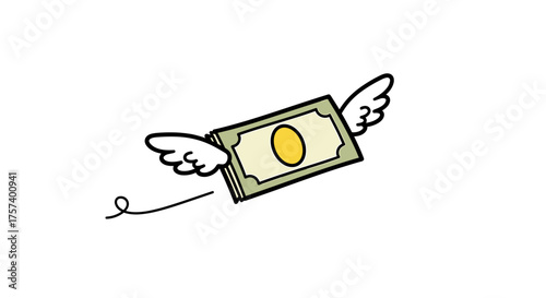 Cartoon money flies freely, symbolizing financial freedom and carefree spending, perfect for illustrations about finance, economy, and investment concepts