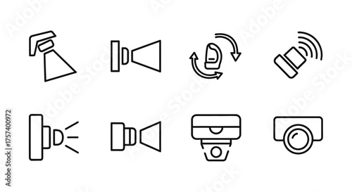 Set of hand-drawn outline icons representing security cameras and spotlights for surveillance and illumination applications vector