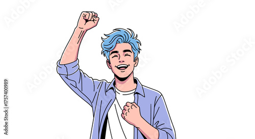 Cheerful young man with vibrant blue hair celebrates success with a raised fist and a bright smile, radiating positivity and energy
