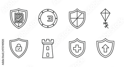 Collection of diverse hand drawn security and protection icons including shields and a kite vector
