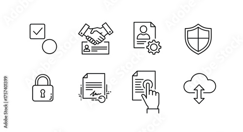 Set of digital security and business icons representing privacy compliance and data protection vector