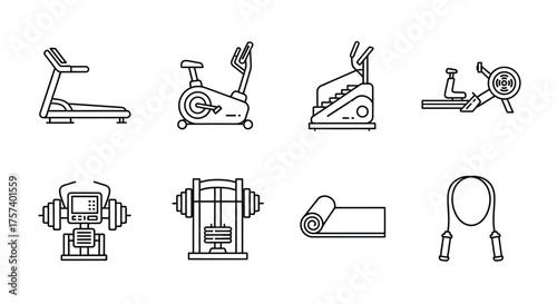 Collection of gym equipment icons for fitness workouts and exercise routines set vector