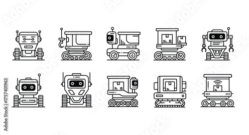 Set of ten industrial construction vehicles and robots in line art style vector