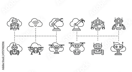 Connected industrial robots and automated systems illustrating advanced manufacturing and iot integration vector