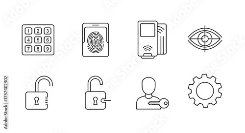 Collection of eight digital security and privacy icons representing technology concepts for data protection and access control vector