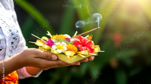 Woman holding a colorful floral offering with incense in a lush garden