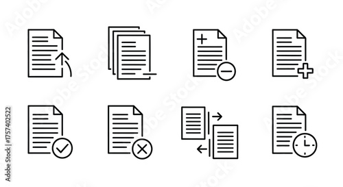Set of document icons representing file management and data operations with clean line art style vector