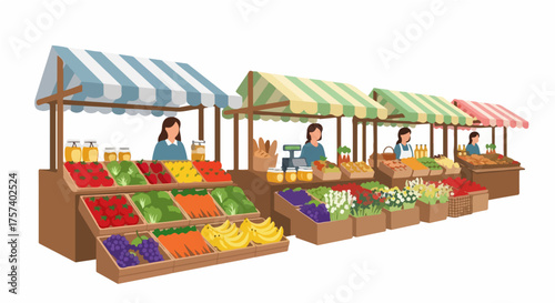 Farmers Market Stalls with Fresh Produce and Friendly Vendors