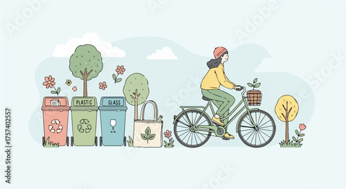 Eco-friendly lifestyle concept showing a woman on a bicycle next to recycling bins and a reusable bag, promoting sustainability and green living