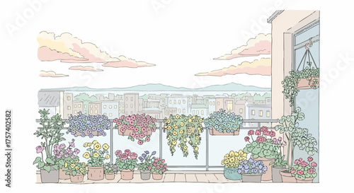 A Colorful Balcony Garden Overlooking a Cityscape with a Variety of Flowers and Plants