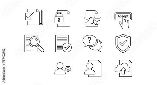 Set of hand drawn icons representing data security privacy and document management tasks vector