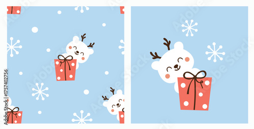 Cute polar bear with antler headband popping from a polka-dot gift on icy blue, simple snowflakes, seamless pattern and single graphic for kids fabric, wrapping, stickers and holiday decor.