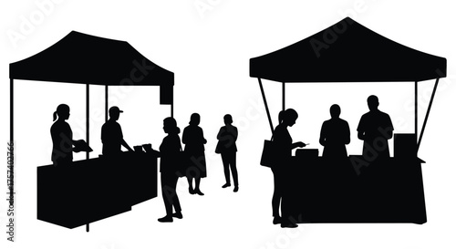 Silhouettes of busy outdoor market stalls with people interacting shoppers and vendors at booths silhouette