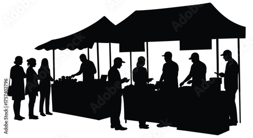 Silhouetted shoppers browse stalls at a bustling outdoor farmer's market or street fair event silhouette