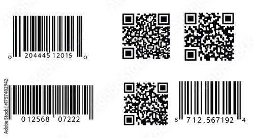 Collection of modern barcodes and qr codes for business and technology applications silhouette