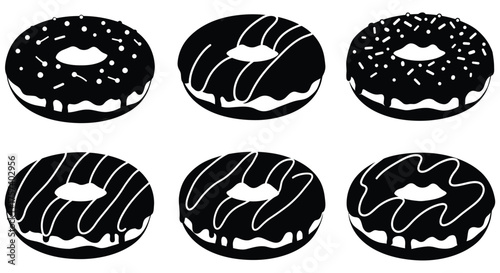 Set of six delicious chocolate frosted doughnuts with white icing drizzles and sprinkles isolated on white silhouette