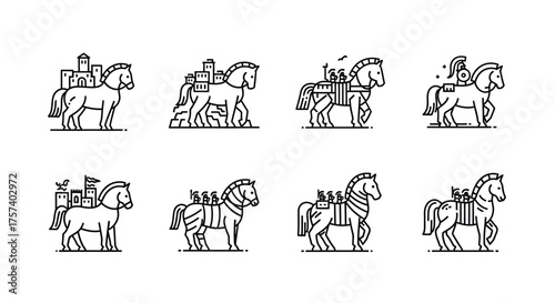 Set of eight stylized horse and rider icons in outline drawing style for design projects vector