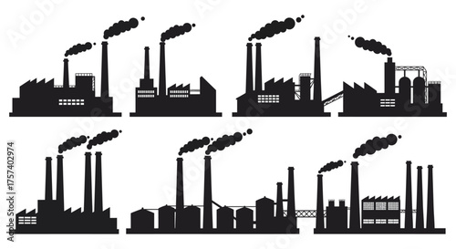 Collection of diverse industrial factory silhouettes emitting smoke against a for concept design silhouette