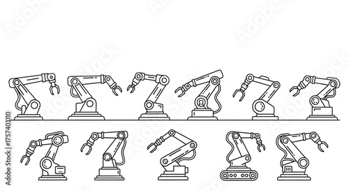 Set of industrial robotic arms in various poses and configurations for automation and manufacturing vector