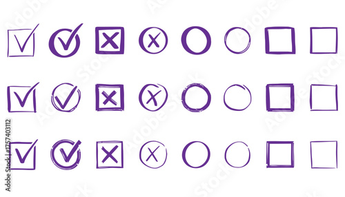 Stylish purple checklist icons vector illustration, Tick icon set. hand drow check mark icon set in purple color.