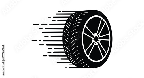 Speeding car tire with motion streaks representing rapid movement and performance silhouette
