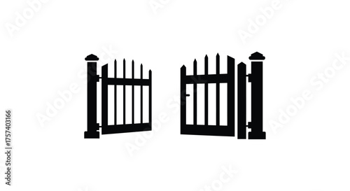 Open black silhouette of traditional wooden garden gate with decorative posts and spindles symbolizing entrance and opportunity silhouette