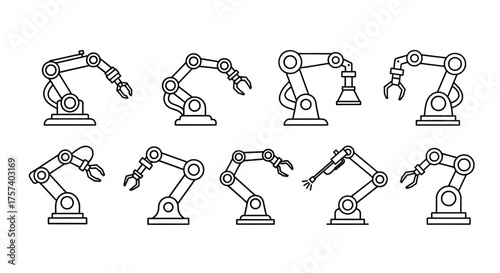 Set of industrial robotic arms in various poses and configurations for automation manufacturing concepts vector