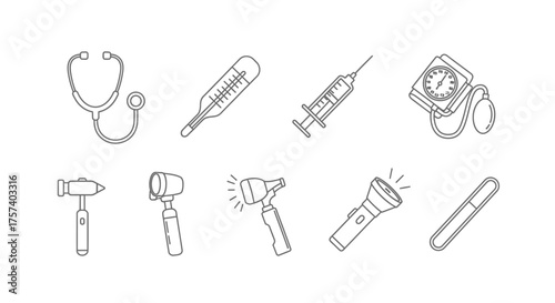Medical equipment sketch collection featuring stethoscope syringe thermometer and instruments vector