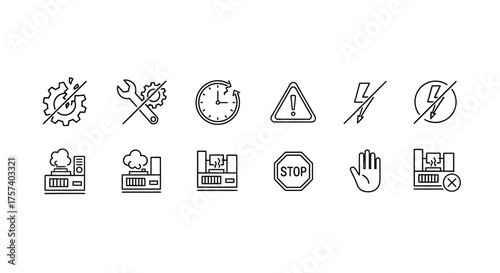 Set of clean outline icons representing technology settings time warning electricity and data processing vector