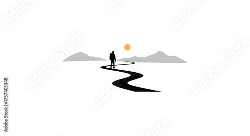 Lone figure walks winding dark path towards distant abstract light source on minimalist landscape silhouette