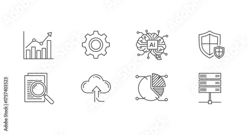 Diverse set of futuristic technology and data icons in a clean sketch style vector